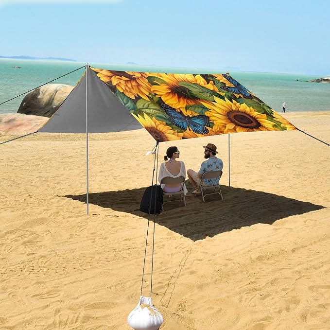 Sunflower Beach Tent Sun Shelter 9.2' x 10.5' Beach Canopy with 4 Sandbags 4 Stability Poles Sand Shovels - Tent Canopy for Beach Camping Fishing Picnics