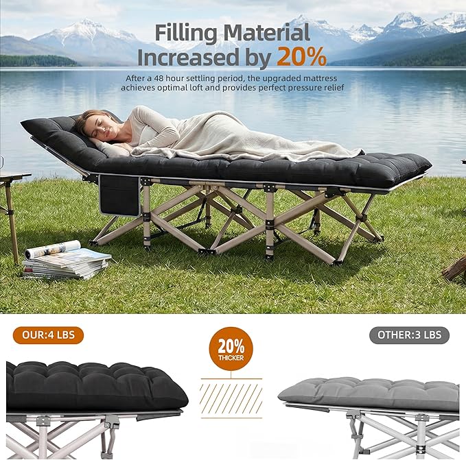 Folding Camping Cot for Adults with Removable Padded Cushion Portable Heavy Duty Sleeping Cot with Head Tilt Design Foldable Camp Bed with Carry Bag for Camping Travel Office Nap Guest Bed