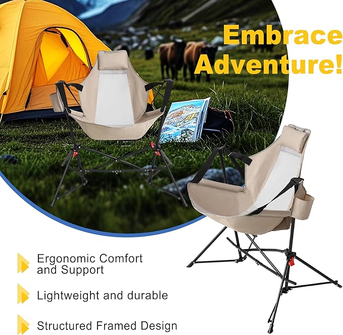 Hammock Camping Chair Portable Chairs with Pillow Cup Holder and Carry Bag Lightweight Foldable Chair for Outside Camping Hiking Travel Beach and Sports (Khaki)