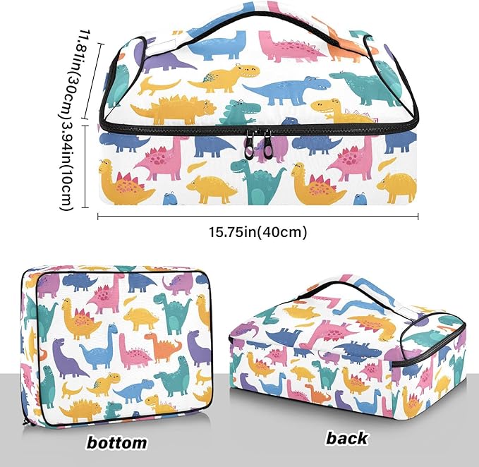 Casserole Carrier Cartoon Pattern DinosaurInsulated Casserole Carrier for Hot or Cold Food Thermal Lunch Tote for Potluck Parties Picnic Beach Fits 9 x 13 Inches Baking Dish