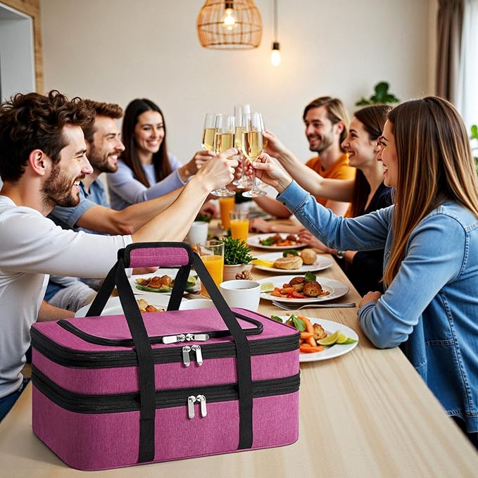 Insulated Double Casserole Carrier - Portable Casserole Carriers for Hot or Cold Food Lunch Tote Warmer or Cooler Bag for Potluck Parties Picnic Cookouts Fits 9 x 13 Baking Dish - Pink