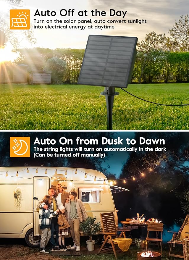Brightown Solar String Lights Outdoor - 38FT Patio With Remote 16 Shatterproof LED Bulbs 3 Light Modes Waterproof Hanging Solar for Outside Backyard Party Decor
