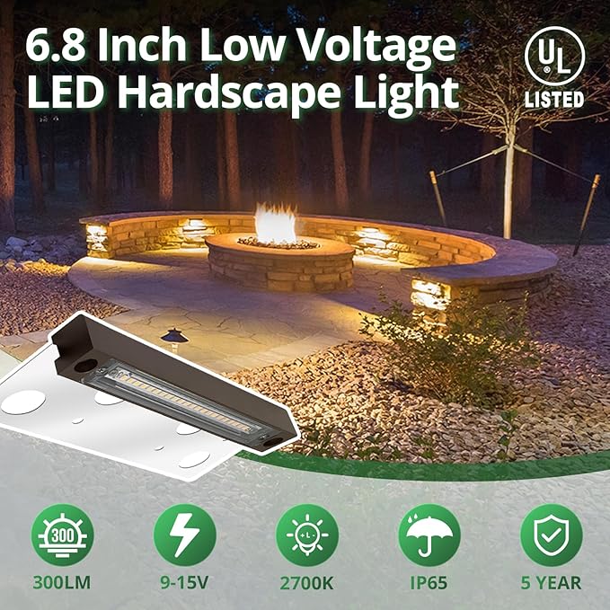 20-Pack GKOLED Hardscape Light Paver Wall Light 6.8 Inches Long Integrated 4W 2700K LED Light Source LED Step Light Solid Powder Coated Die-cast Aluminum Housing Low Voltage 12V AC/DC UL Listed
