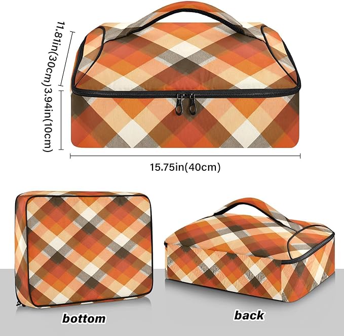 Casserole Carrier Orange and Brown Tartan Insulated Casserole Carrier for Hot or Cold Food Thermal Lunch Tote for Parties Picnic Travel Carry Bag