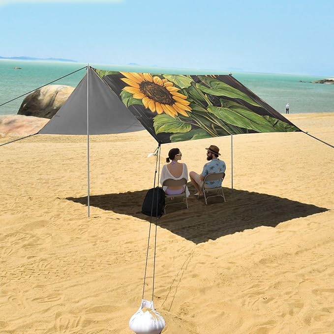 ALAZA Yellow Sunflowers Vintage Beach Tent Sun Shelter UPF50+ Protection Beach Shade Canopy w/ 4 Sandbags for Outdoor Camping Fishing Backyard Fun Picnic 10x9 ft