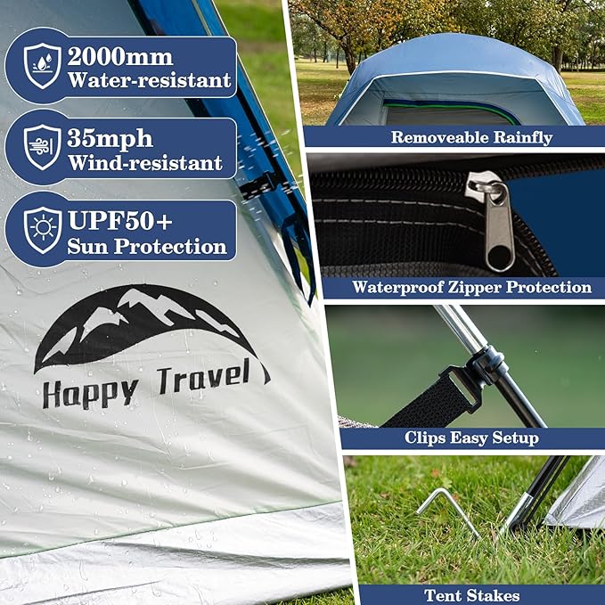 Happy Travel Camping Tent 4/6 Person Dome Tents for Camping with Rainfly Waterproof Clip Easy Setup Portable Family Tent with Mesh Windows 20% More Headroom Backpacking Tents for Camping &amp Hiki