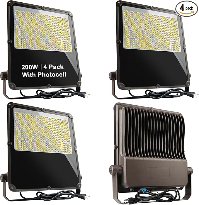 Lightdot 200W Outdoor Flood Lights AC100-277V LED Stadium Lights 30000Lm LED Flood Lights with Photocell IP65 Waterproof Area Lighting for Backyard/Stadium-4Pack 5Yrs Warranty