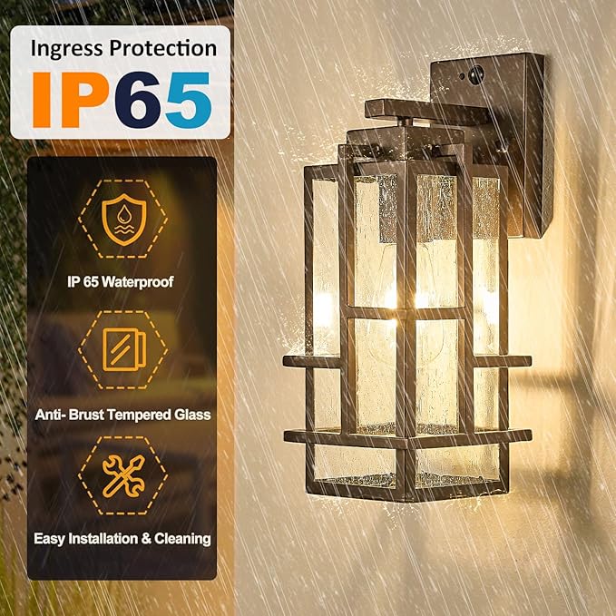 Motion Sensor Outdoor Wall Light Fixture Dusk to Dawn Porch Light Oil Rubbed Bronze Exterior Lighting with Seeded Tempered Glass Waterproof Outside Wall Mount Coach Lamp for House Patio Garage