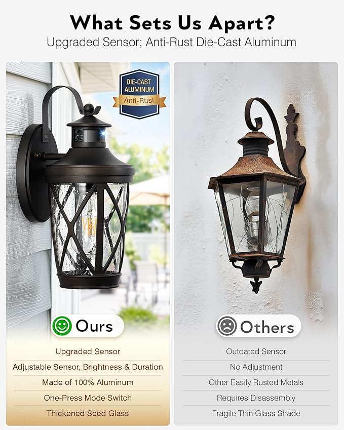 VIANIS Motion Sensor Outdoor Wall Lantern for Porch Oil Rubbed Bronze Exterior Lighting Fixtures Wall Mount 2-Pack Exterior Sconce Light with Tempered Seed Glass Outdoor Garage Lights for Coach