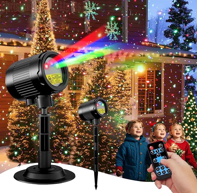 Laser Christmas Porjector Lights Waterproof Laser Light Projector Outdoor 3-Color Star Shower Laser Lights Remote Control &amp Timing Perfect for Holidays Party Garden Decor