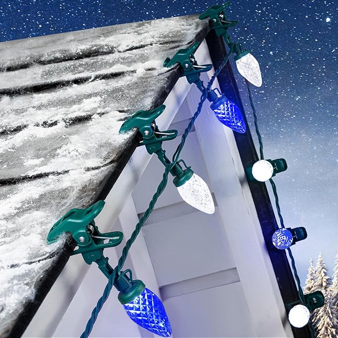 C9 LED Christmas Lights Outdoor 68Ft 100 LED String Lights with Quick Clips Commercial Grade Extendable Waterproof Outdoor Christmas Lights for House Outside Roofline Xmas Decor Blue &amp Pure Whi