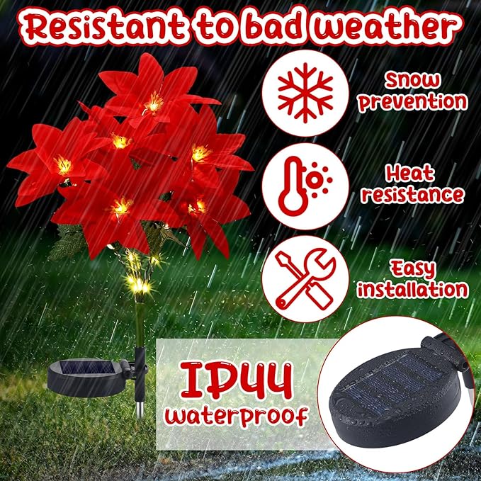 VIHOSE 4 Pcs Christmas Solar Flowers Lights Artificial Poinsettia Landscape Waterproof Solar Poinsettia Lights for Outdoor House Yard Lawn Patio Garden Pathway Christmas Party Supplies (7 Flowers)