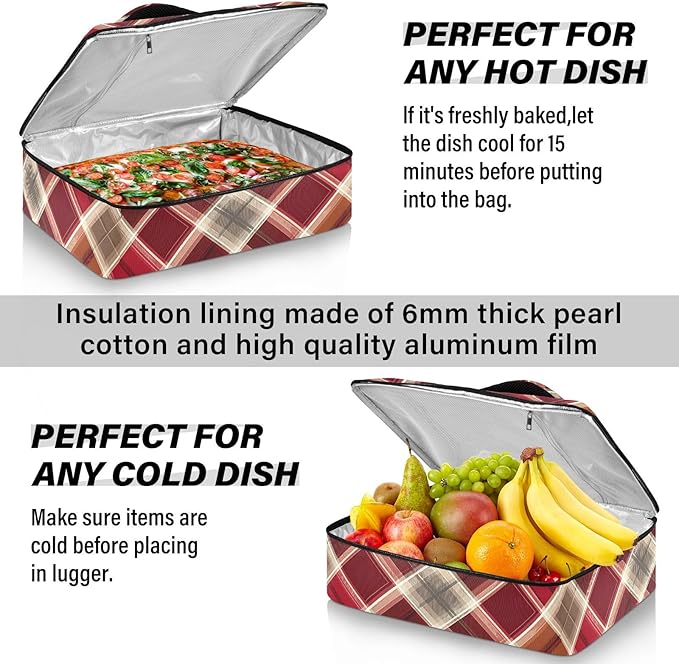 Casserole Carrier Red Brown Tartan Pattern Insulated Casserole Carrier for Hot or Cold Food Thermal Lunch Tote for Parties Picnic Travel Carry Bag
