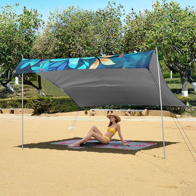 Camping Sun Shelters Blue and Tan Flower Pattern Beach Canopy 126 * 110.2in