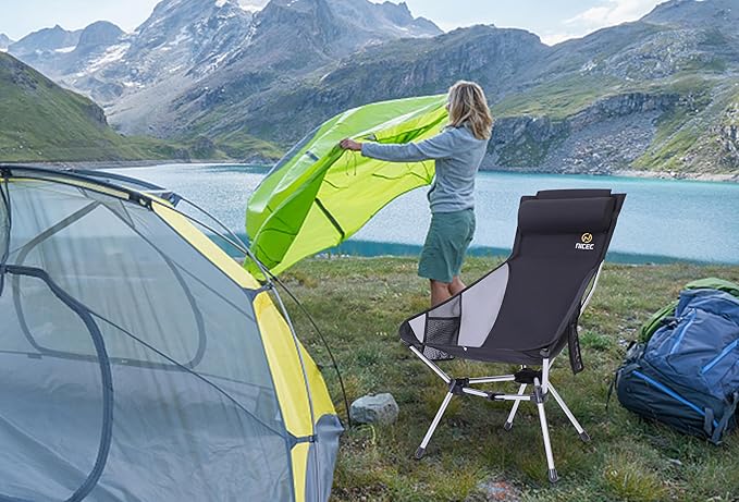 Nice C Ultralight High Back Folding Camping Chair Collapsible Backpacking Chair Compact &amp Heavy Duty Outdoor Travel Picnic Festival with 2 Side Pockets Pillow &ampCarry Bag (Set of 2 Black)