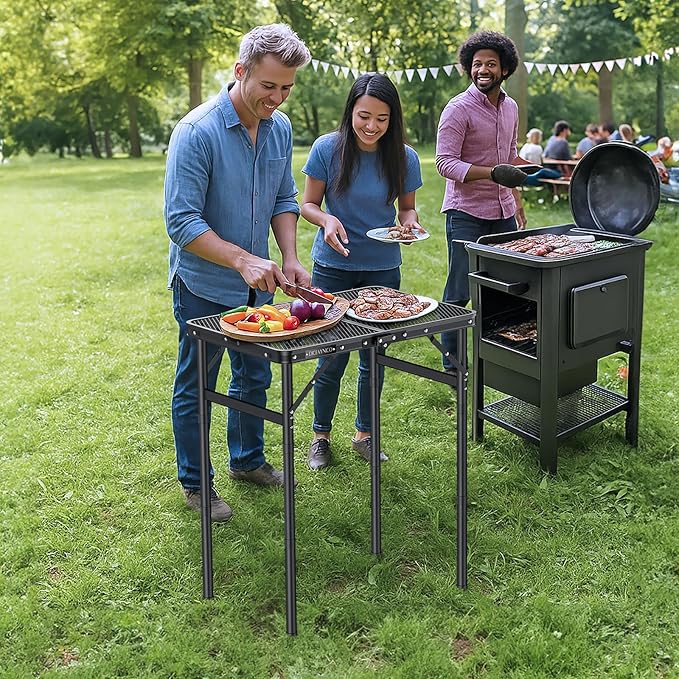 Folding Camping Table 22 x 15 Picnic Table with 3 Adjustable Height Max 27.5 Matte Black Aluminum Folding Table with Handle for Party Dining Garden Patio Market (2-Fold Mesh Tabletop)