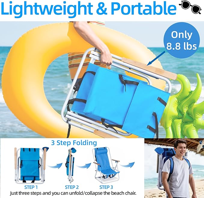 Backpack Beach Chair 4 Position Folding Reclining Lounge Heavy Duty Steel Frame 330 lbs Capacity &amp Wooden Armrests Set of 2 23x21.7x31.5