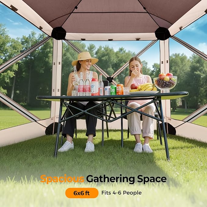 Tecoom 6x6ft Pop Up Gazebo Tent 4-Sided Canopy Shelter Tent with Mesh Windows for Camping Portable Large Shade Tents with Siedwalls Carrying Bag and Stakes for Outdoor Garden Lawn and Backyard