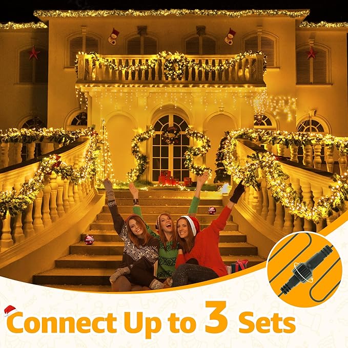 Ollny Cluster Lights Christmas 400LED 20FT Warm White Christmas Tree Lights 8 Modes Timer Remote Waterproof Connectable String Lights for Outdoor Indoor Outside Garland Xmas Decorations