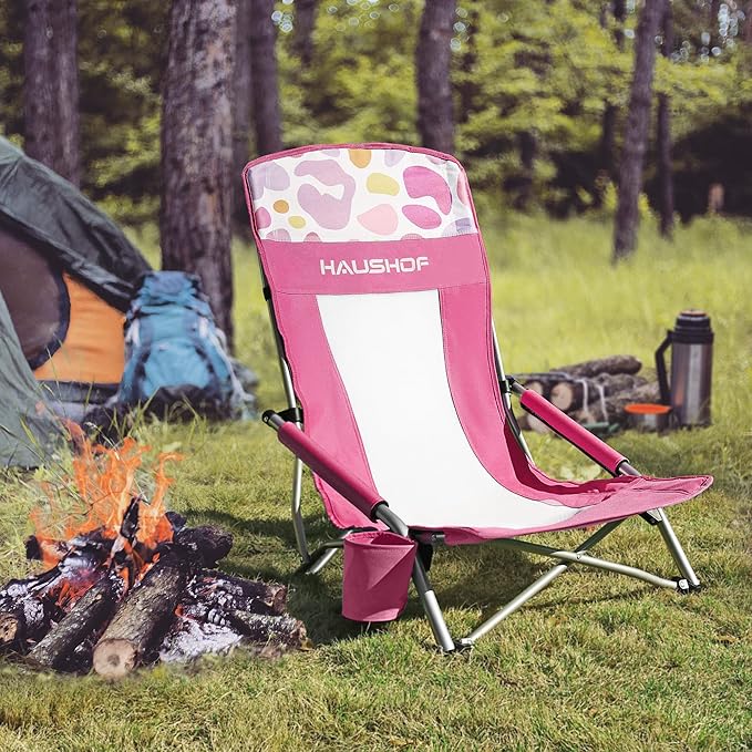 HAUSHOF High Back Beach Chair Mesh Back Folding Chair Lightweight Low Seat Camping Chairs with Cup Holder Carry Bag Padded Armrest for Outdoor Beach Lawn Camping Picnic Festival