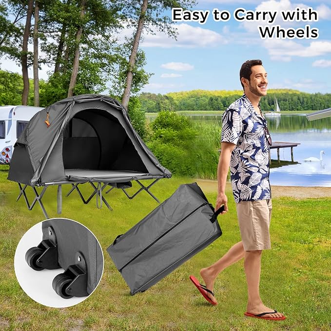 Tangkula 2-Person Tent Cot 4-in-1 Folding Tent with Waterproof Rainfly Self-Inflating Mattress &amp Roller Carrying Bag Portable Off Ground Elevated Tent with Shoe Storage Pocket &amp Lamp Hook