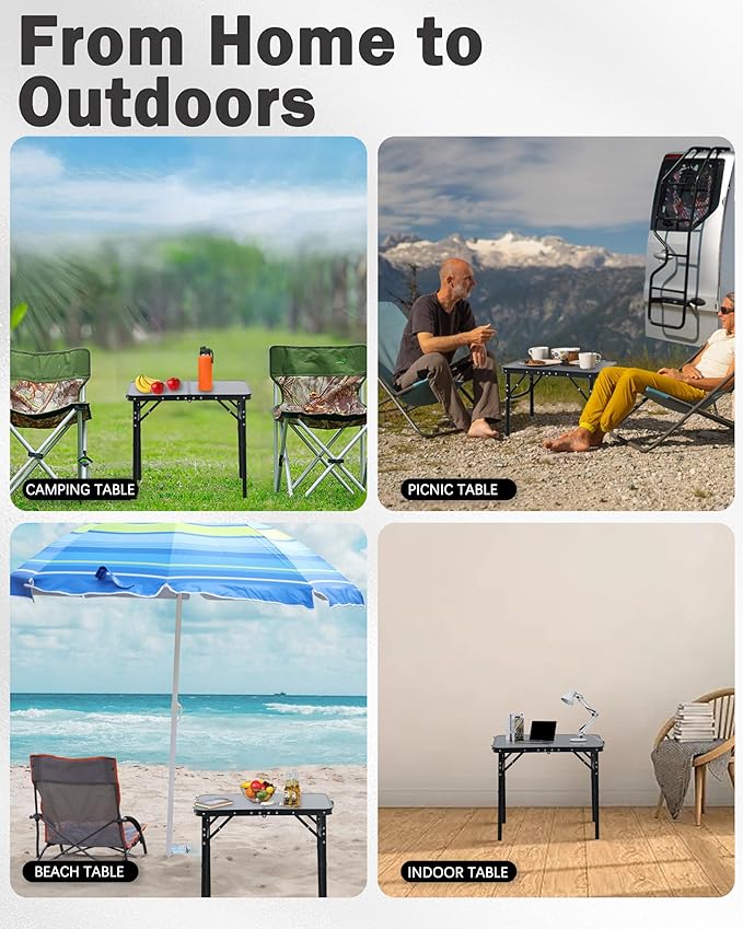LOFTEY 2025 Reinforced Small Folding Table Portable Small Foldable Camping Table Heavy-Duty Mini Folding | 2 Adjustable Height | Lightweight Aluminum with Handle | 25 x 16 x 22 Black