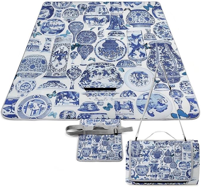 Blue and White Folk Chinese Chinoiserie Style Waterproof Outdoor Picnic Blanket Sandproof Beach Mat for Camping Hiking Grass Travelling