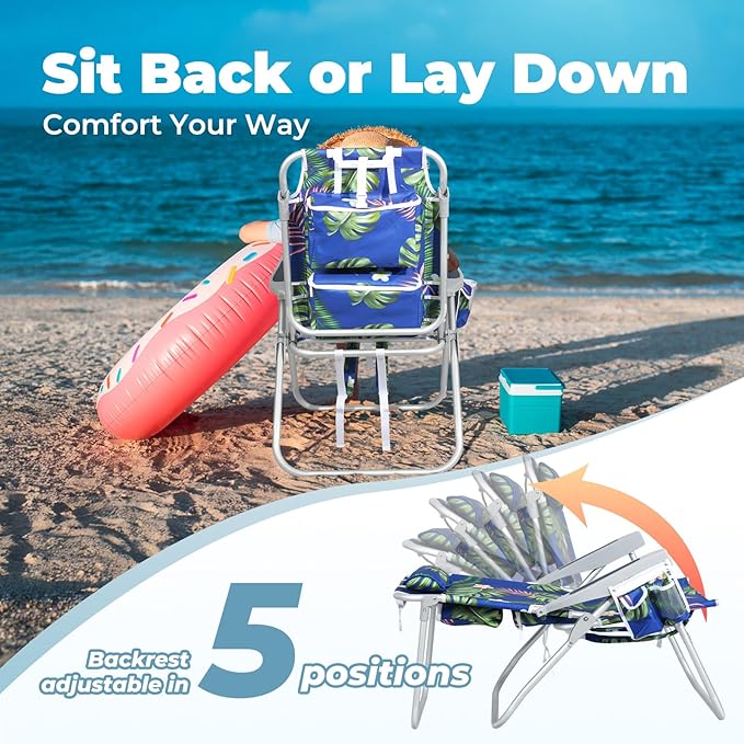 Tall Beach Chairs for Adults – 5-Position Reclining Backpack Chair with Large Insulated Cooler &amp Storage Pocket Portable Beach Chair for Travel &amp Outdoor Supports 300lbsTropical Palm 2 Pac