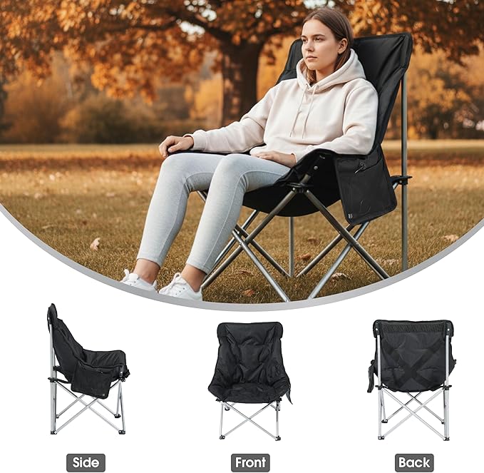 SunSettler Heated Camping Chair Oversized Heated Outdoor Chairs for Adults with 3 Heat Levels Portable Folding Padded Chair for Camp Lawn Sports (Battery NOT Included) (Black Small)
