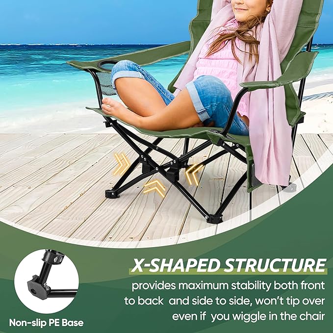 HaSteeL Folding Beach Chair Set of 2 Foldable Green Camping Chairs for Outside Low Beach Chair Portable for Adults Fishing Picnic Outdoor BBQ Travel Sports Cup Holder &amp Storage Bag