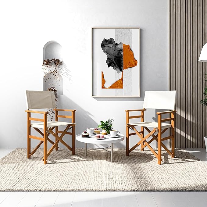 VINGLI Widen Folding Director Chair Set of 2 with Sturdy Wooden Frame &amp Beige Canvas Portable Durable for Outdoor Patio Camping Use Off-White