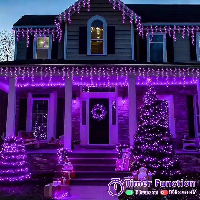 YEGUO 33ft 400 LED Purple Icicle Christmas Lights Outdoor Waterproof 80 Drops Icicle Light Connectable 8 Modes Christmas Lights Indoor with Memory Timer