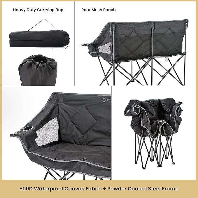 ARROWHEAD OUTDOOR 2-Pack Portable Folding Double Duo Camping Chair Loveseat w/ 2 Cup &amp Wine Glass Holder Carrying Bag Supports up to 500lbs