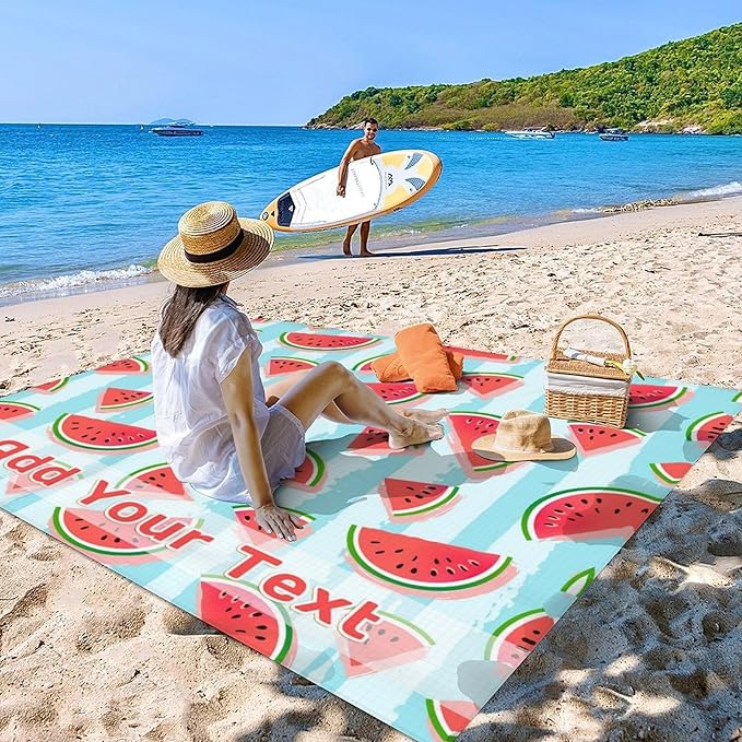 Personalized Beach Blanket Waterproof Sandproof 86x78 Inches Custom Large Watermelon Beach Mat for 4-6 Adults Lightweight Picnic Blanket with 4 Corner Pockets for Outdoor Travel Camping Hiking