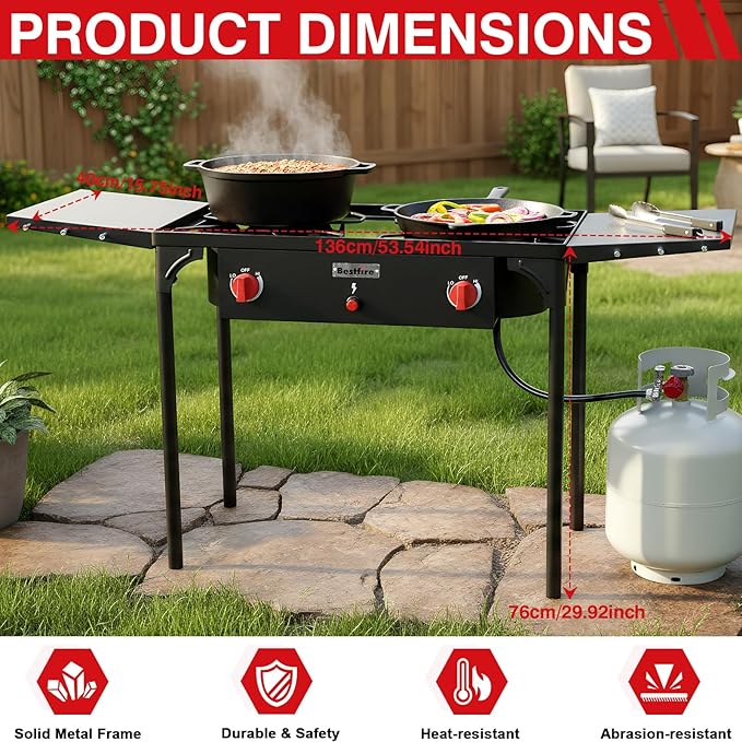 Bestfire 2 burner Camping Stove with Auto Ignition ButtonSide Shelves &amp Regulator150000 BTU High Pressure Gas Stove Propane Burner With Removable Legs for Outdoor BBQ&ampBackyard Cooking Campin