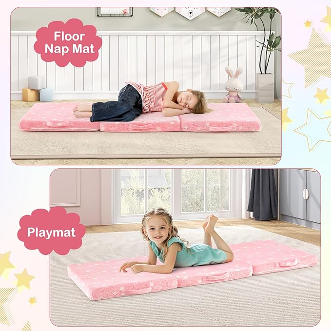 Costzon Foldable Pink Floor Mattress for Kids Glow in The Dark Toddler Floor Nap Mat w/Flannel Cover Tri-Folding Children Floor Bed for Sleeping Daycare Playroom School Kindergarten or Nursery
