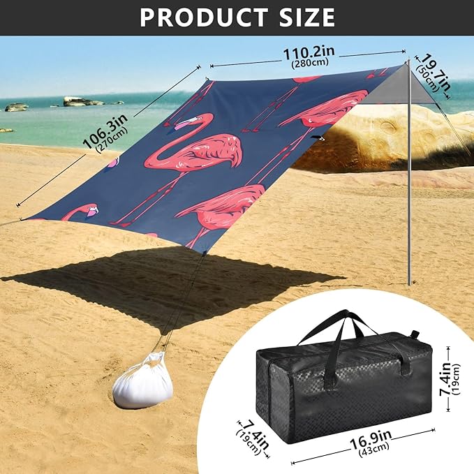 Flamingo Cute Cartoon Camping Sun Shelter Beach Tent Portable Beach Sun Shade Outdoor Canopy for Camping Trips Fishing Picnic