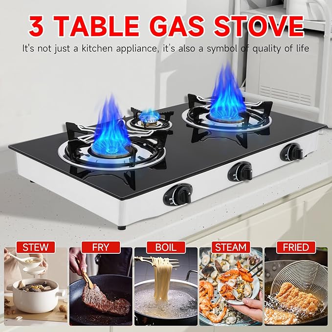 Propane Gas Cooktop3 Burners Gas Stove portable 0.28Tempered Glass Auto Ignition Camping 3 Burner LPG for RVApartmentsOutdoor
