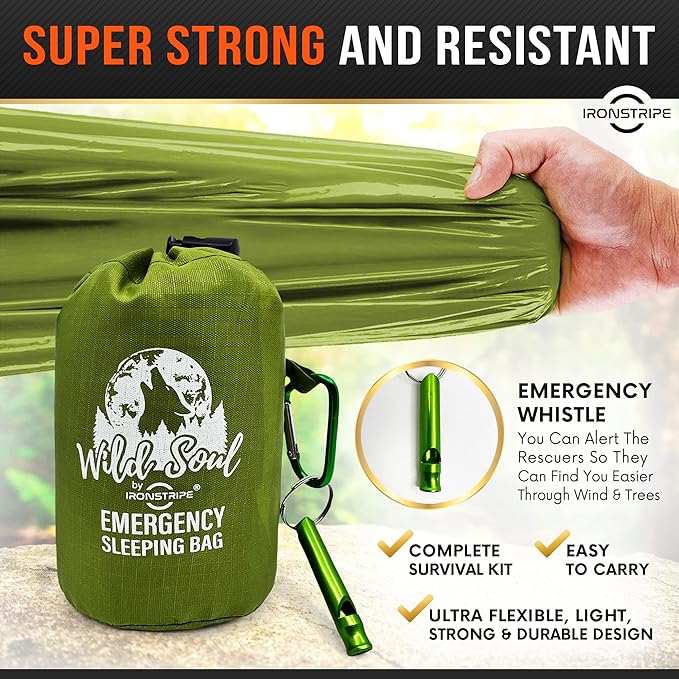 Bivy Sack XL Waterproof Survival Sleeping Bag with Emergency Whistle Built-in Hood &amp Thermal Mylar - Tear &amp Puncture-Resistant