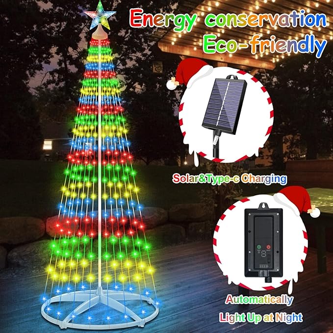 7.5Ft 312 LED Solar Christmas Cone Tree Lights with Star Topper Outdoor Christmas Tree with 11 Modes Timer Remote Dimmable Waterproof for Yard Holiday Christmas Decoration Warm White &amp Multico
