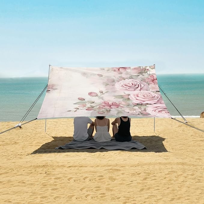 Beach Tent Sun Shelter Pink Elegant Peony Lightweight &amp Easy Setup Beach Shade Canopy for Camping Fishing