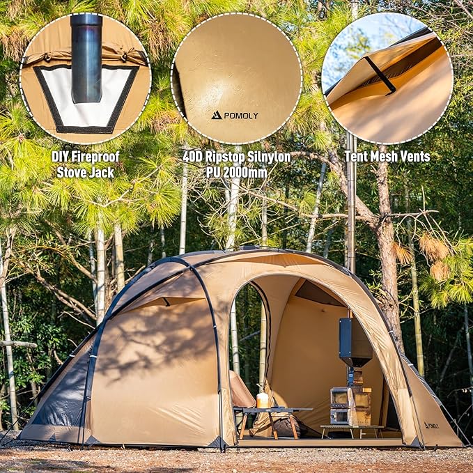 POMOLY Dome Tent Freestanding Camping Hot Tent Barracuda 2 Portable Wood Stove Tents for 1-2 Person Backpacking Hiking