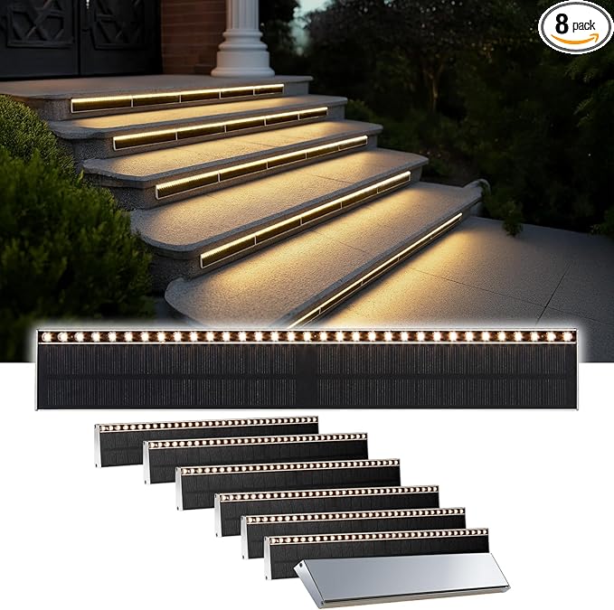 Solar Step Lights for Outside 33 Focused-Beam High-Brightness LEDs Waterproof Aluminum Outdoor Stair Light for Risers Curbsides Poolsides Planter Edges (Warm White 8Pack)
