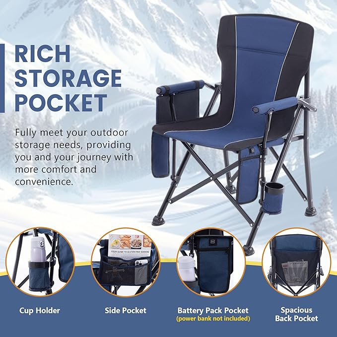 Heated Camping Chairs for Adults Portable Heated Chairs for Outdoor Outdoor Heated Chair Folding Chairs Heavy Duty Lawn Chairs for Adults with Cup Holder Navy Blue (Battery NOT Included)