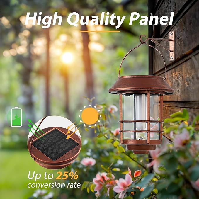 Otdair Solar Lanterns Outdoor Waterproof 2 Pack Flickering Flames Wall Garden Decor with Glass Shade Hanging Solar Lights Wall Mount Decorations for Halloween Front Porch Patio Yard Bronze