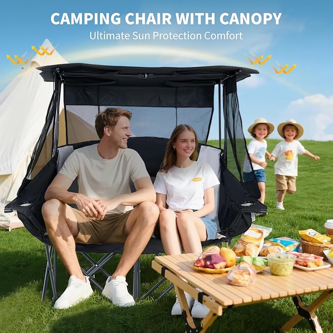 LILYPELLE Double Beach Chair with Canopy Shade Oversized Folding Camping Chair with Canopy Loveseat Camp Chair with Cup Holder Side Pocket for Camp Beach Lawn Fishing