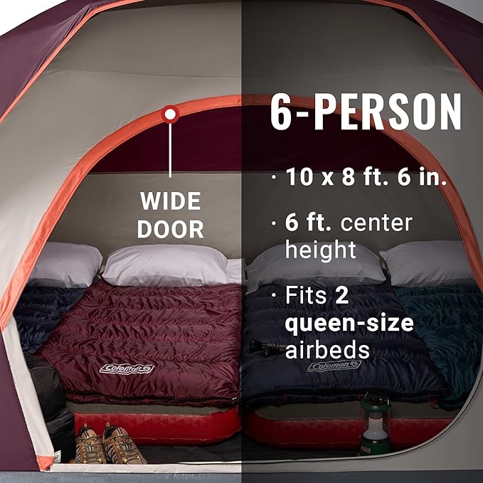 Coleman Skydome Tent with 5 Minute Setup 2/4/6/8-Person Weatherproof Tent with Rainfly &amp Carry Bag 20% More Headroom Than Traditional Canopies