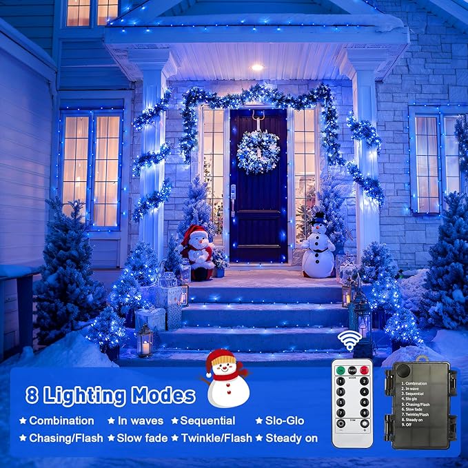 JMEXSUSS 2 Pack 100 LED Blue Christmas Lights Battery Operated Each 33 FT Blue String Lights Indoor Outdoor WaterproofChristmas Tree Lights with Remote for Garden Porch Yard Decor