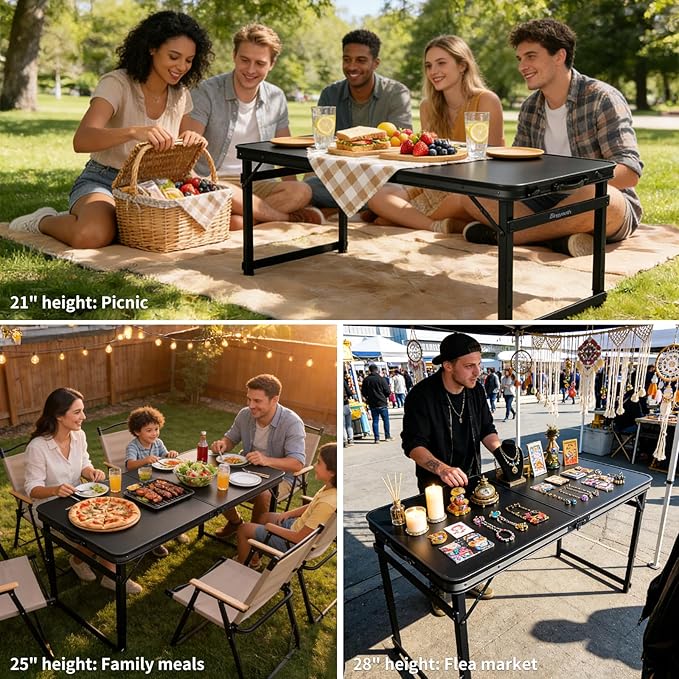 4FT x 2FT Folding Camping Table with Aluminum Alloy Legs Adjustable Height Portable Outdoor Picnic Table for Camping Travel Parties Kids Crafts and Market Vendor Use