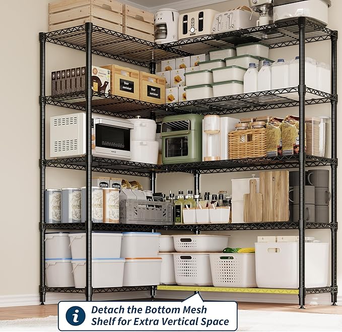 5-Tier Metal Wire Storage Rack for Food Service - Adjustable L-Shaped Industrial Shelving 1325 lbs Capacity Commercial Kitchen Pantry Garage 59W x 13.8D x 70.5H - 5 Floors Width 35